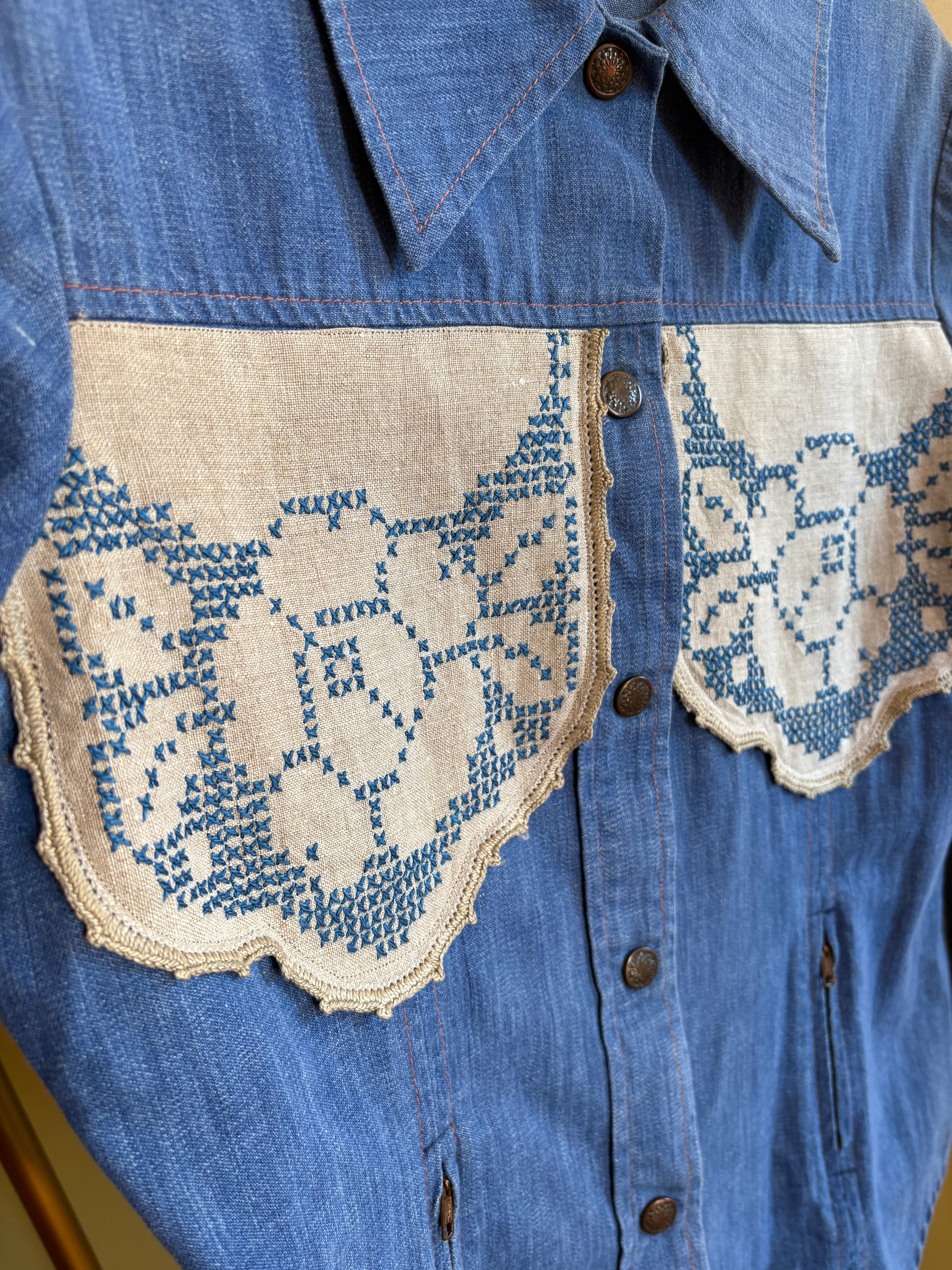 S/M Upycled Western Antique Patchwork Denim Shirt