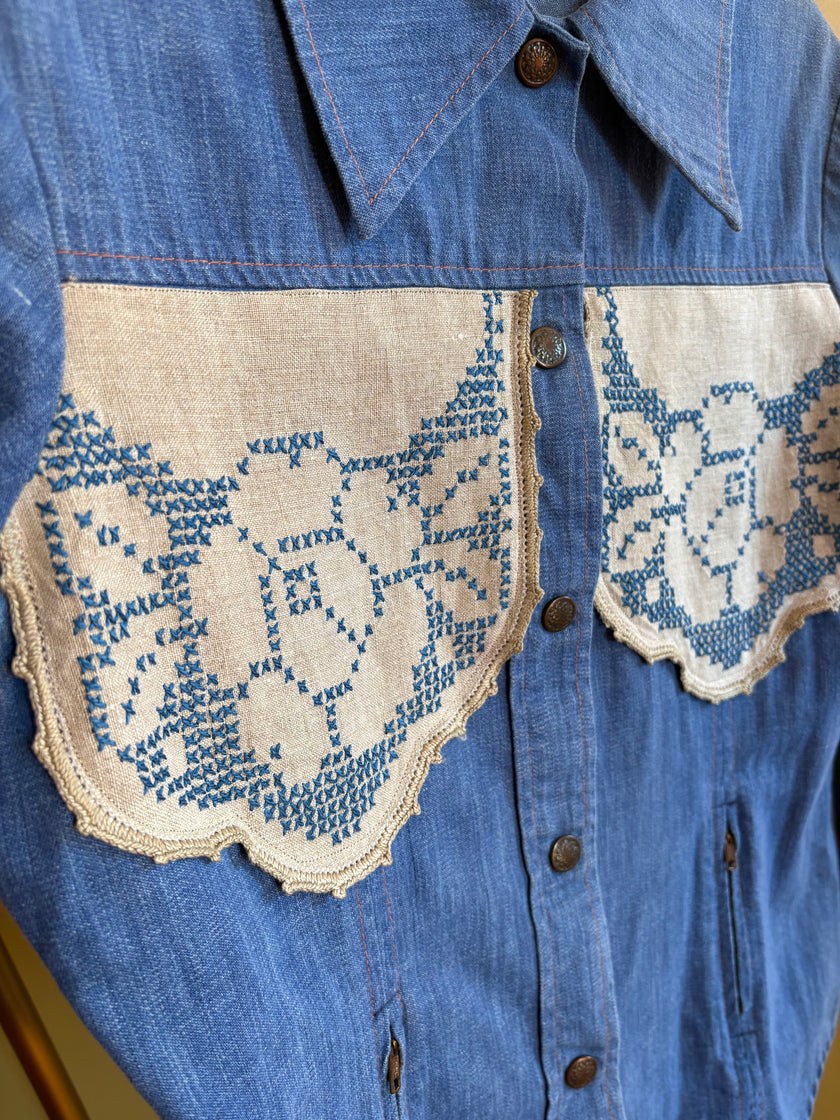 S/M Upycled Western Antique Patchwork Denim Shirt