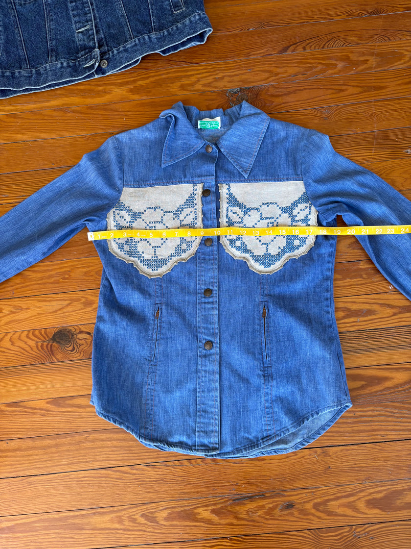 S/M Upycled Western Antique Patchwork Denim Shirt