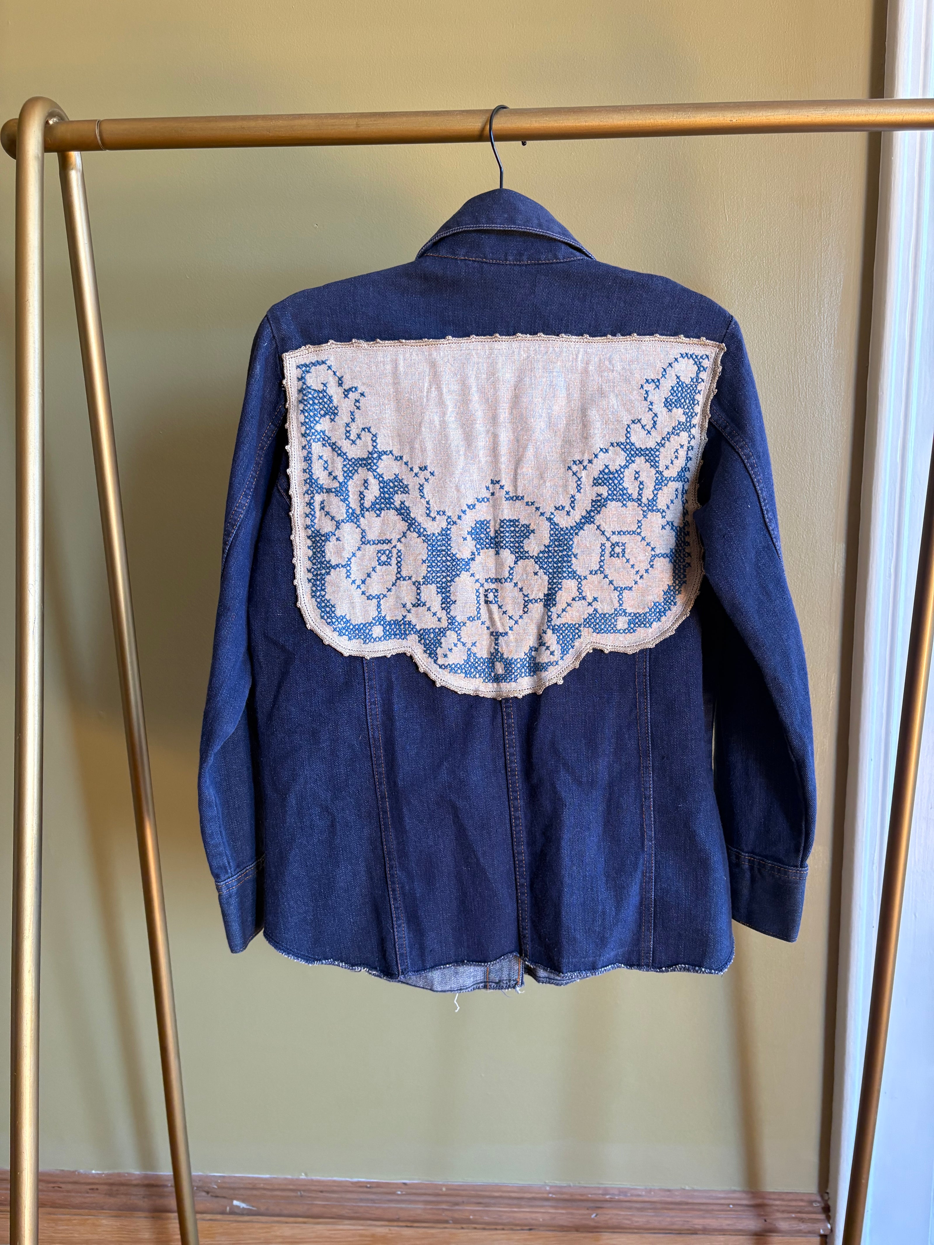 S/M Upycled Western Antique Patchwork Denim Shirt