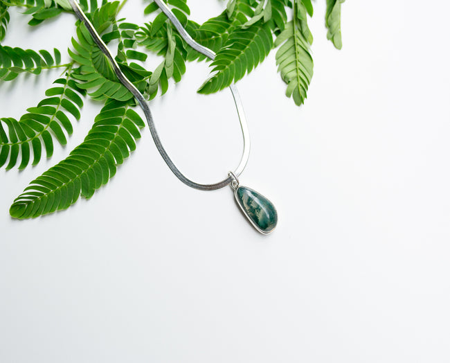 Handcrafted Moss Agate Talisman Necklace in Silver