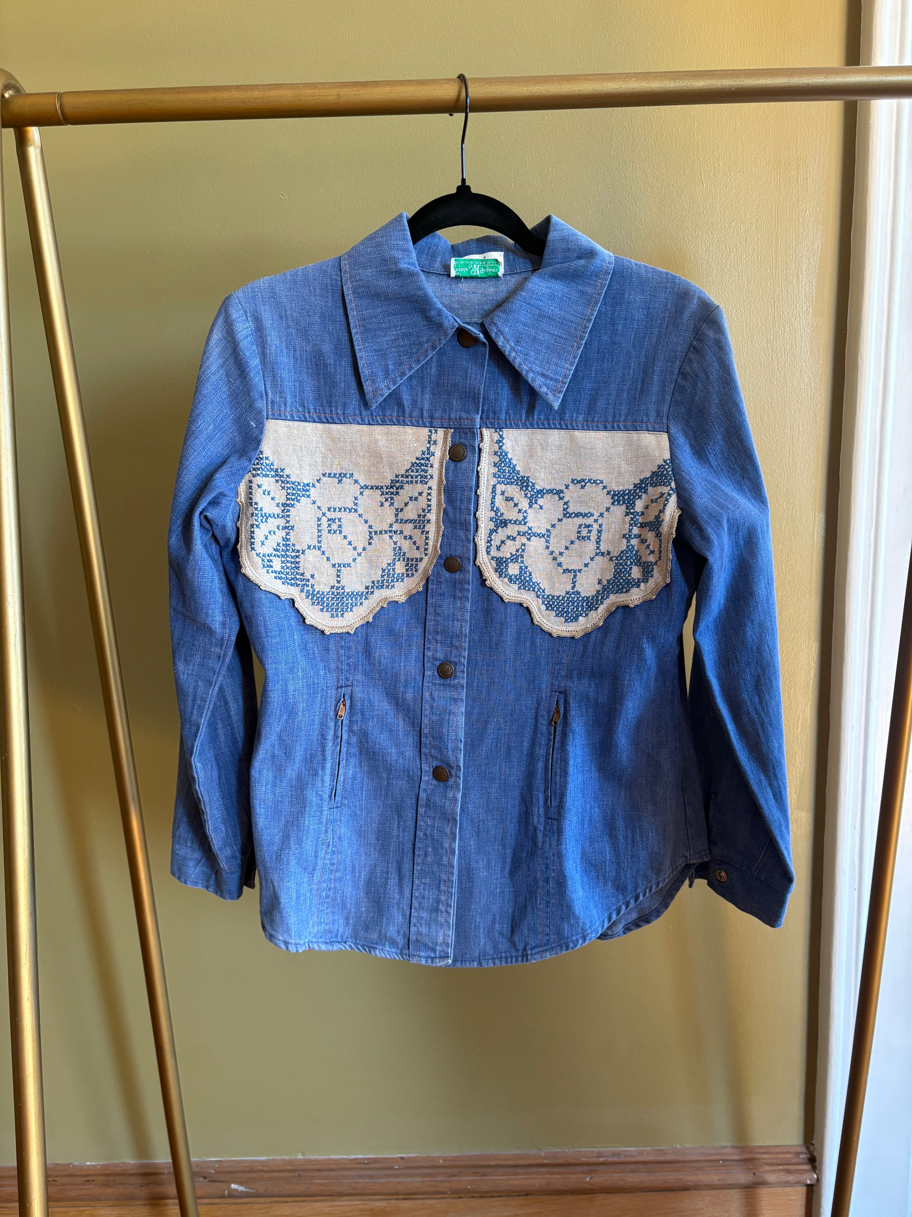 S/M Upycled Western Antique Patchwork Denim Shirt