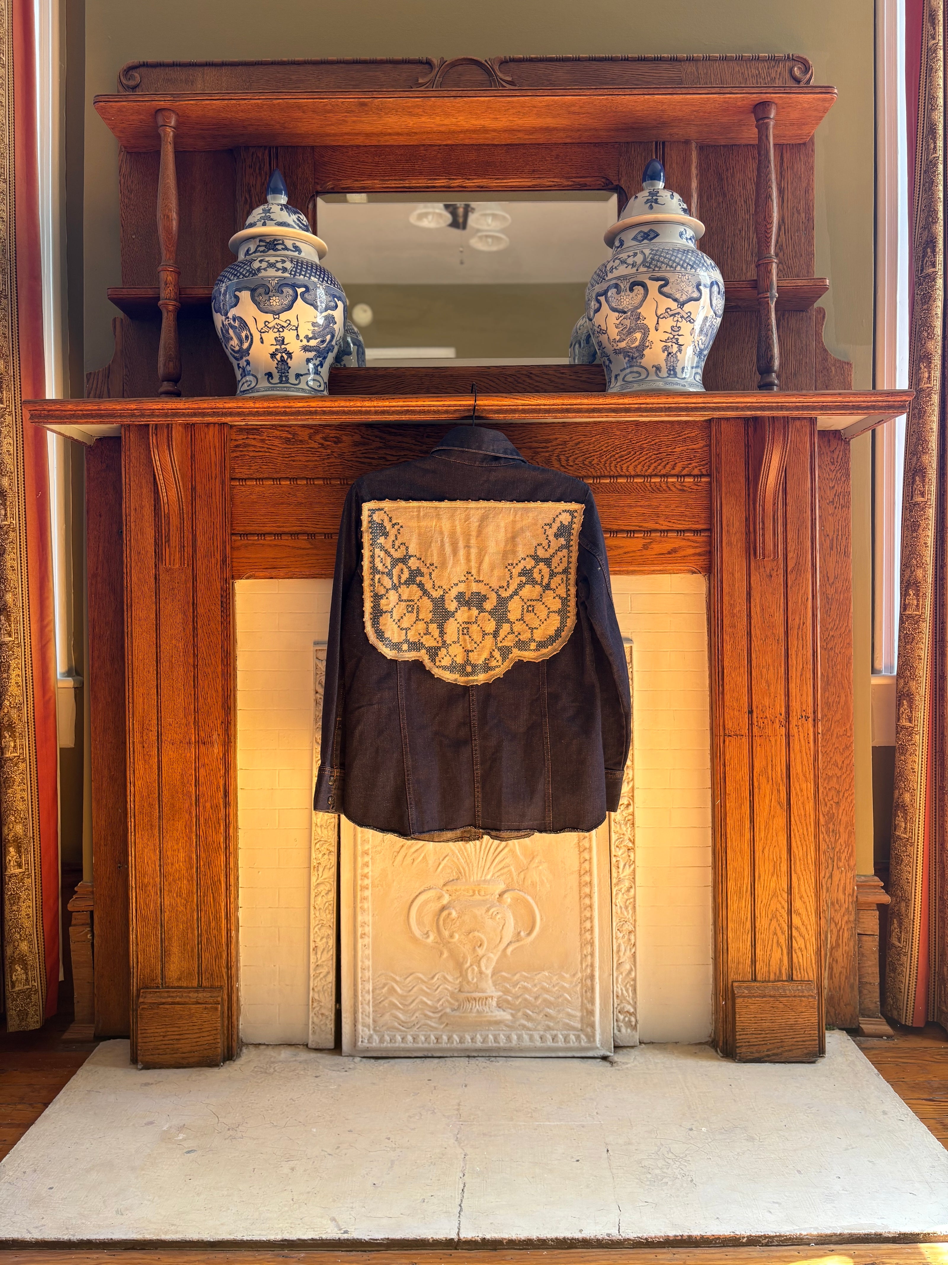 S/M Upycled Western Antique Patchwork Denim Shirt