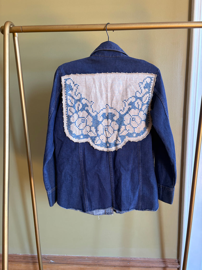 S/M Upycled Western Antique Patchwork Denim Shirt