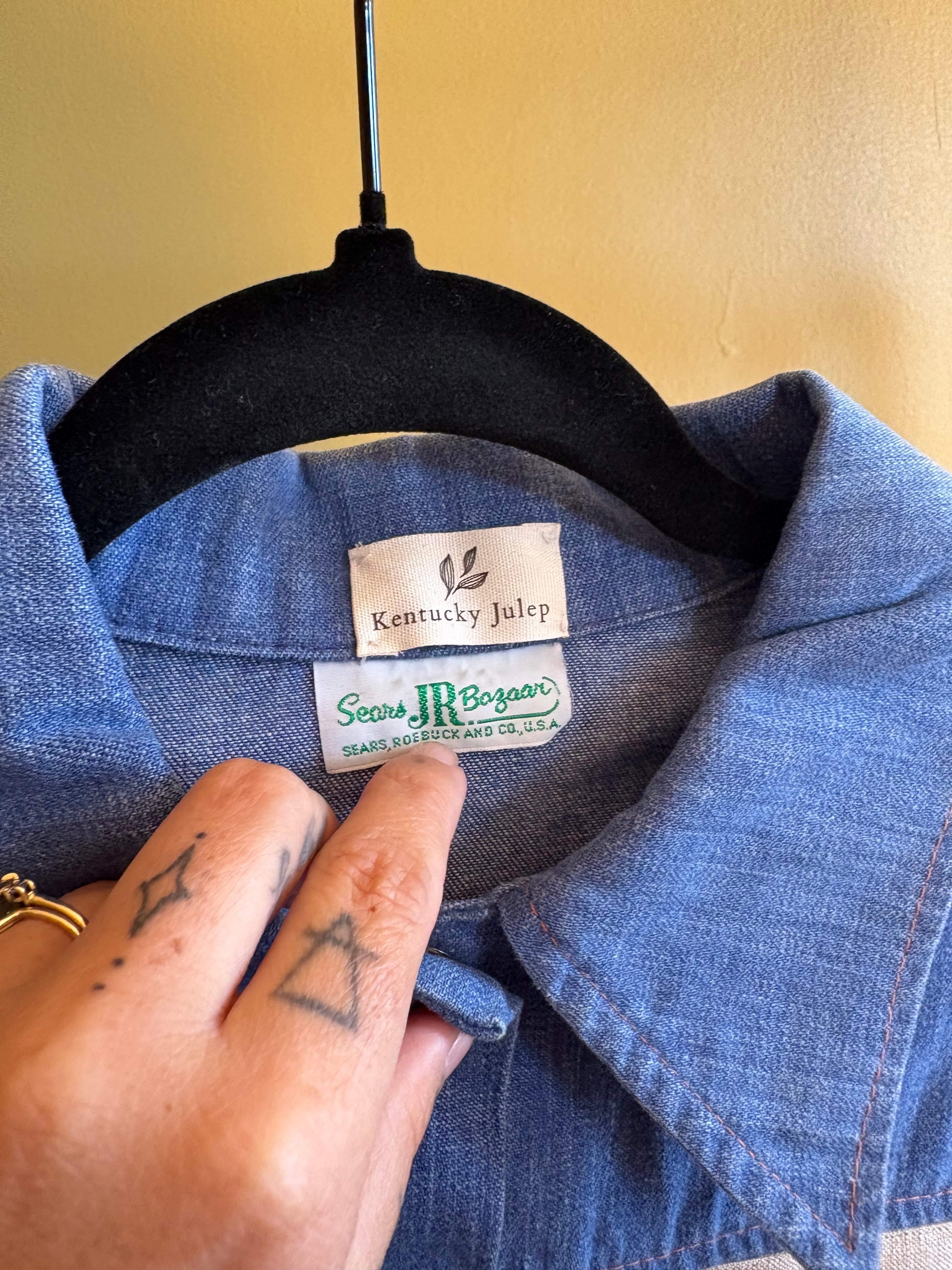 S/M Upycled Western Antique Patchwork Denim Shirt