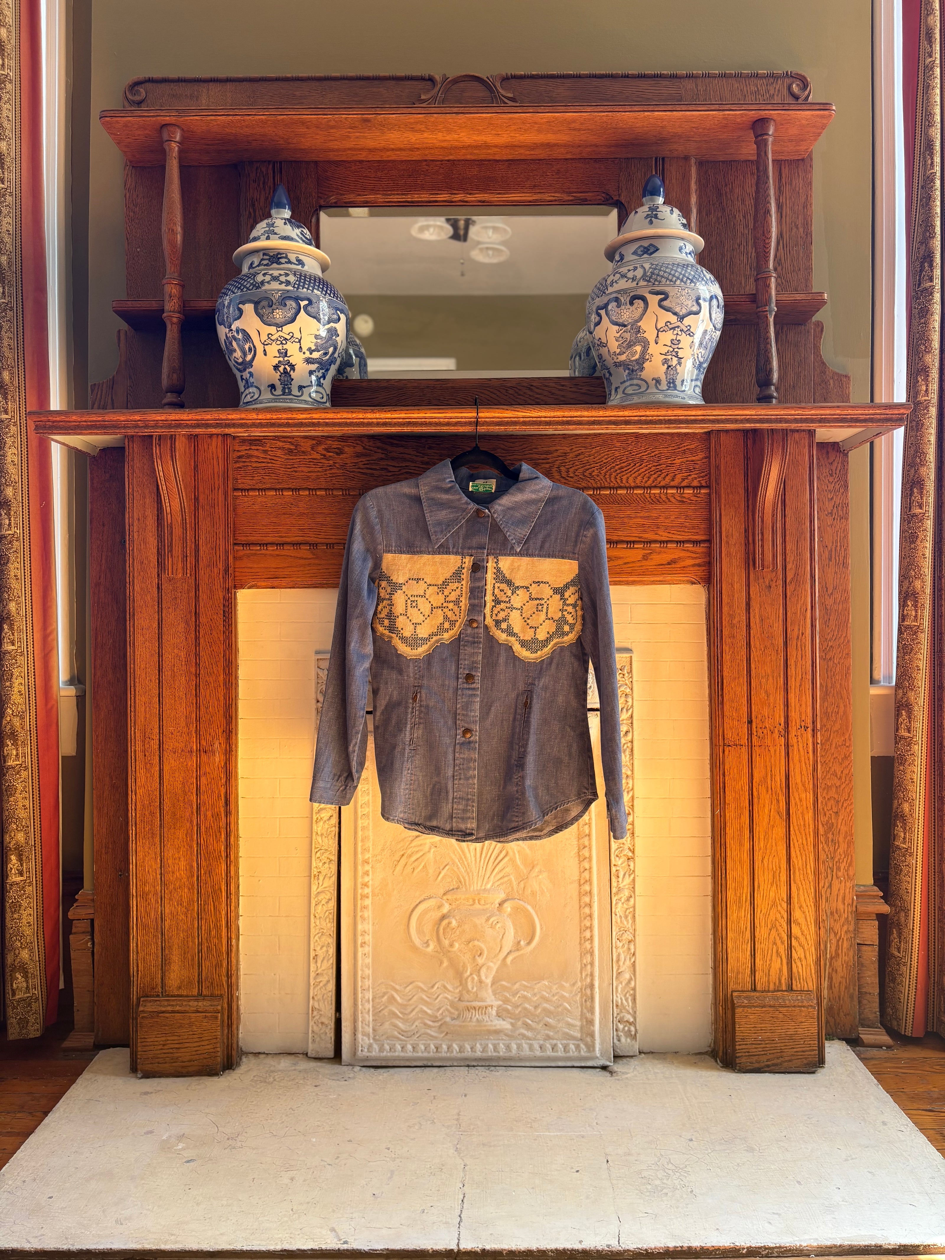 S/M Upycled Western Antique Patchwork Denim Shirt