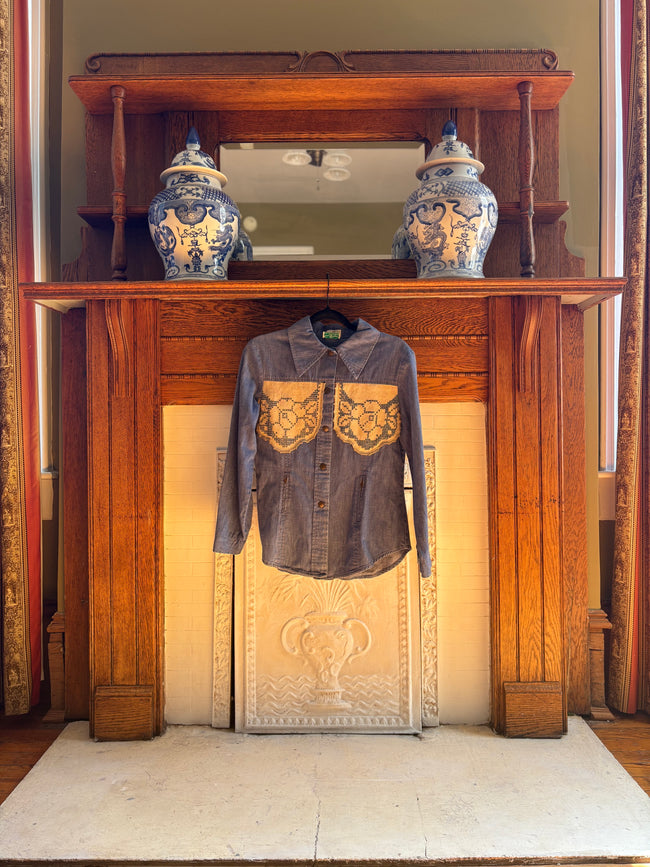 S/M Upycled Western Antique Patchwork Denim Shirt